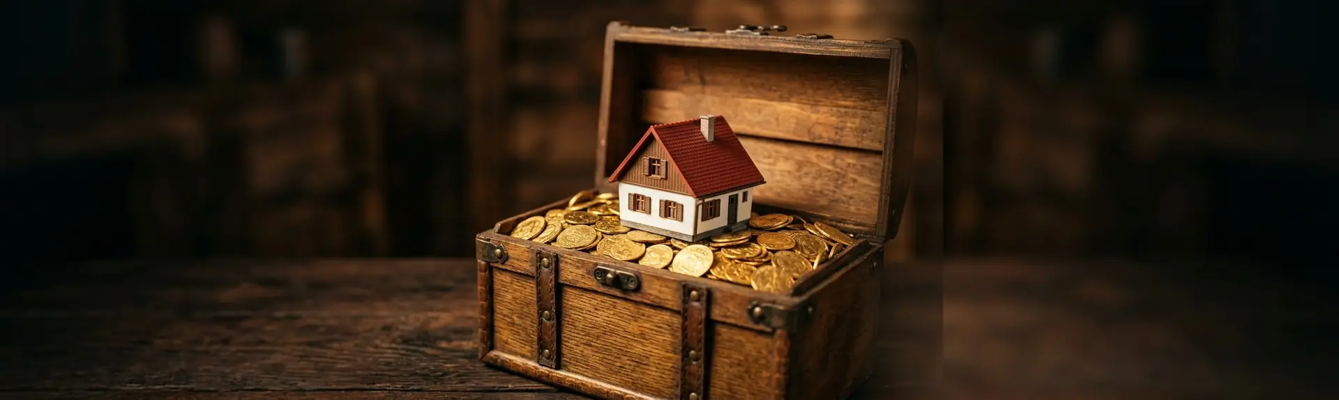 Schatztruhe voller Goldmünzen mit einem kleinen Haus obenauf